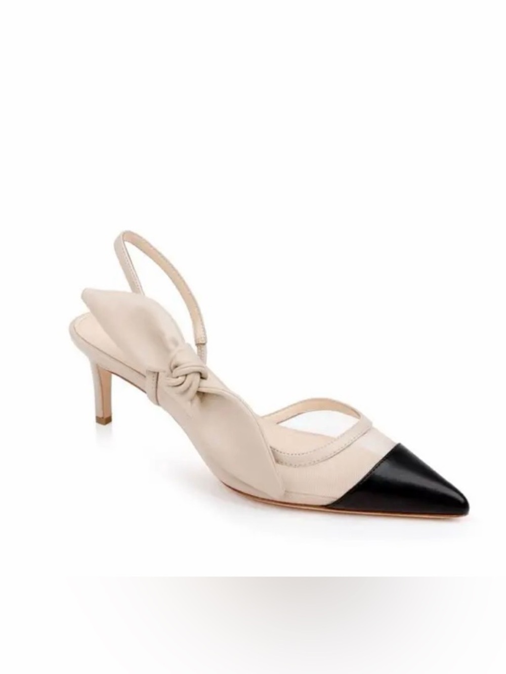 NWOB Dee Ocleppo Caracas Bow Pointed Slingback Pumps Kitten Leather Black Cream
